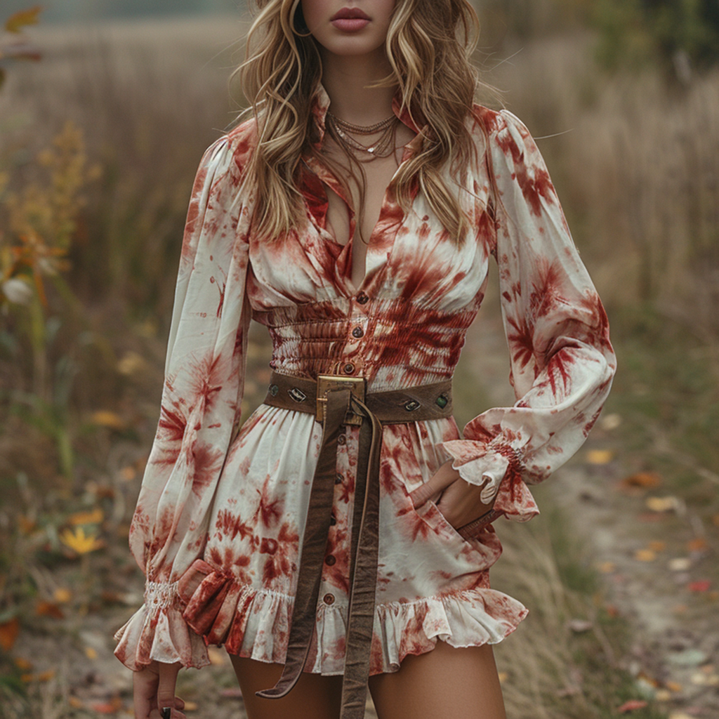 Women's Retro V-neck Tie Dye Pastoral Style Halloween Party Mini Short Dress