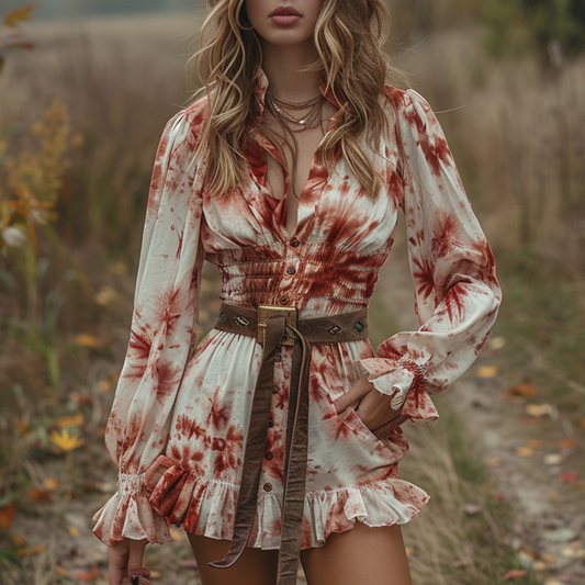 Women's Retro V-neck Tie Dye Pastoral Style Halloween Party Mini Short Dress