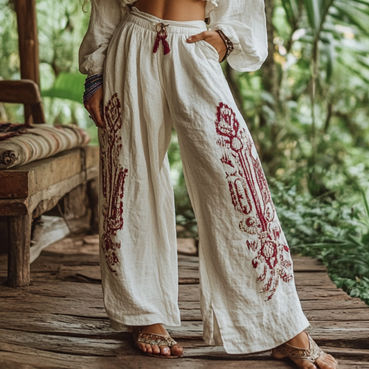 Bohemian Holiday Style Retro Linen Floral Ethnic Totem Print Casual Pants