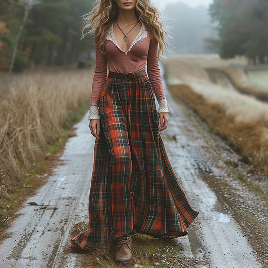 Women's Retro Plaid V-neck Long-sleeve Long Skirt Pastoral Style Maxi Long Dress