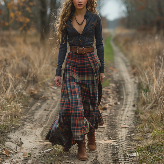 Women's Retro V-neck Plaid Long-sleeve Bohemian Pastoral Style Maxi Long Dress
