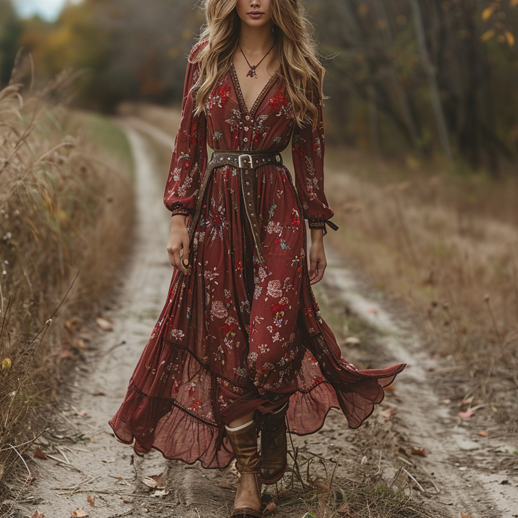 Women's Vintage V-neck Floral Bohemian Pastoral Style Long-sleeved Maxi Long Dress