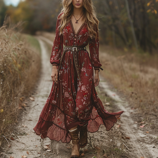 Women's Vintage V-neck Floral Bohemian Pastoral Style Long-sleeved Maxi Long Dress