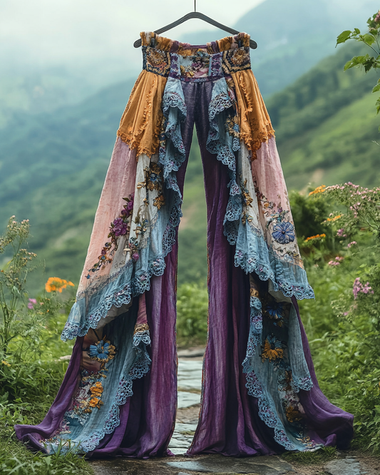 Summer ruffled denim cotton and linen patchwork contrast color pants 0af1