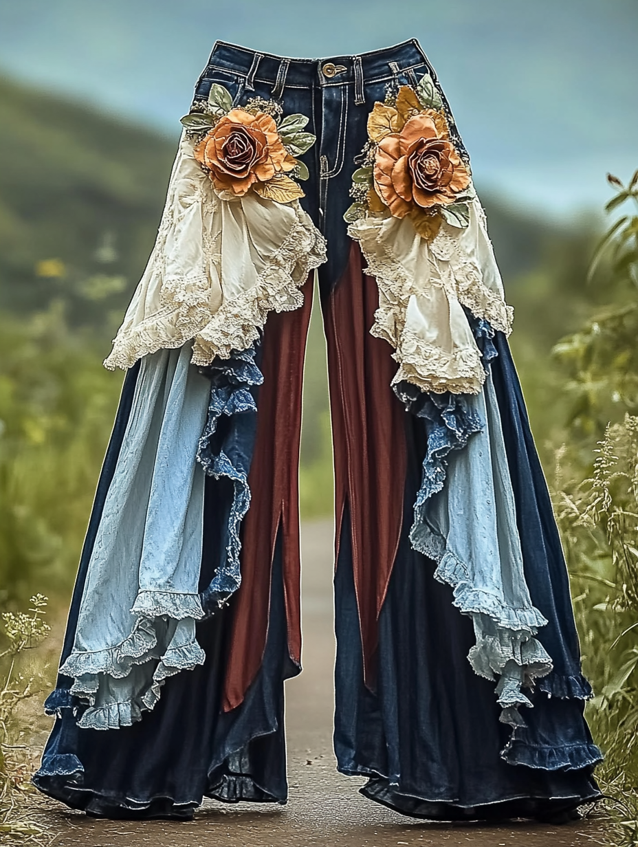 Summer ruffled denim cotton and linen patchwork contrast color pants 0b2b