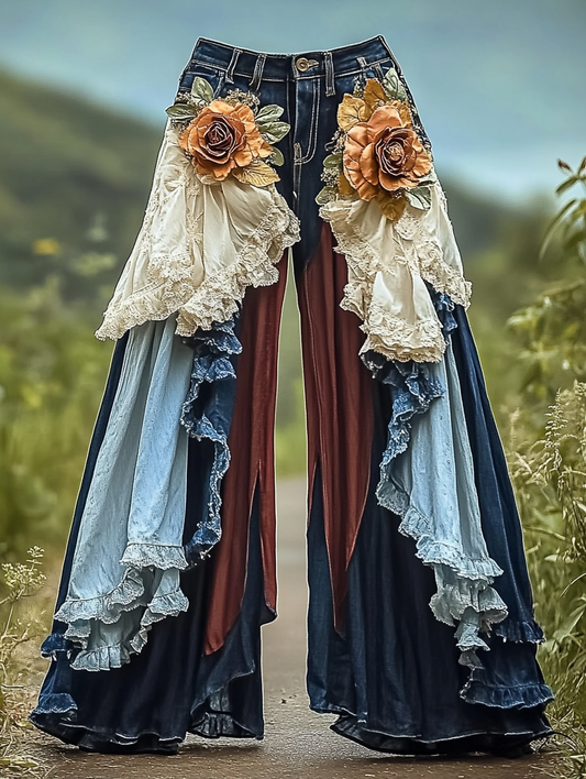 Summer ruffled denim cotton and linen patchwork contrast color pants 0b2b