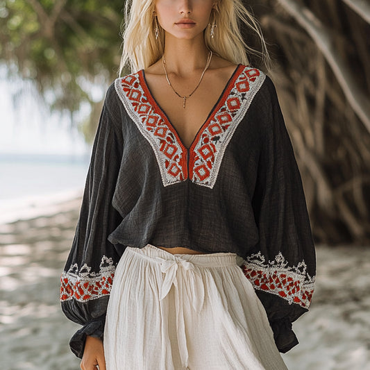 Women's Bohemian Ethnic Pattern Linen Style Casual Long-sleeved Top Shirt