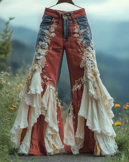 Summer ruffled denim cotton and linen patchwork contrast color pants 3d3a