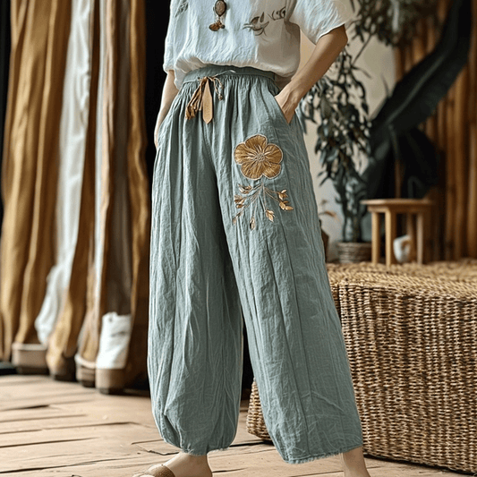 Women's Linen Bohemian Style Floral Wide-leg Trousers Pants