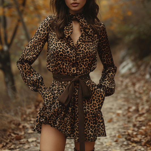 Women's Retro Pastoral Leopard Style Long-sleeve Short Skirt Dress