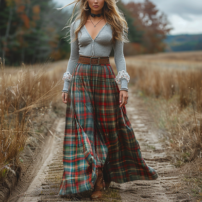 Women's Retro Plaid V-neck Long-sleeve Long Skirt Pastoral Style Maxi Long Dress