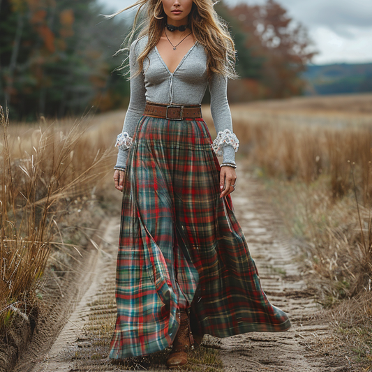 Women's Retro Plaid V-neck Long-sleeve Long Skirt Pastoral Style Maxi Long Dress