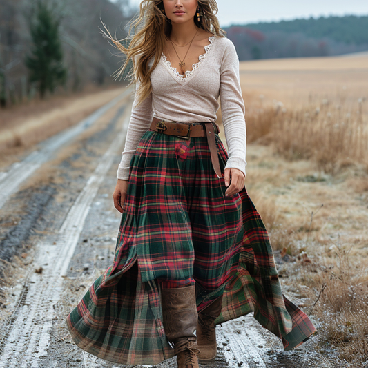 Women's Retro Plaid V-neck Long-sleeve Long Skirt Pastoral Style Maxi Long Dress