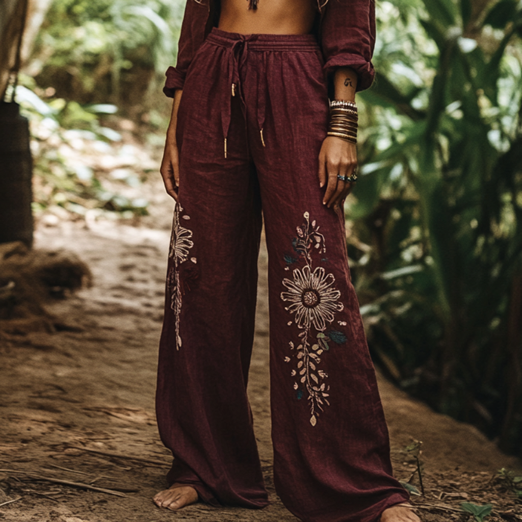 Vintage Bohemian Holiday Style Floral Art Printed Cotton Linen Wide Leg Pants dde9