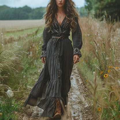 Women's Vintage V-neck Bohemian Pastoral Style Long-sleeve Maxi Long Dress