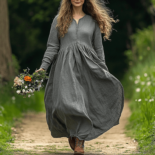 Women's Linen Bohemian Style Solid Loose Long-sleeve Maxi Long Dress