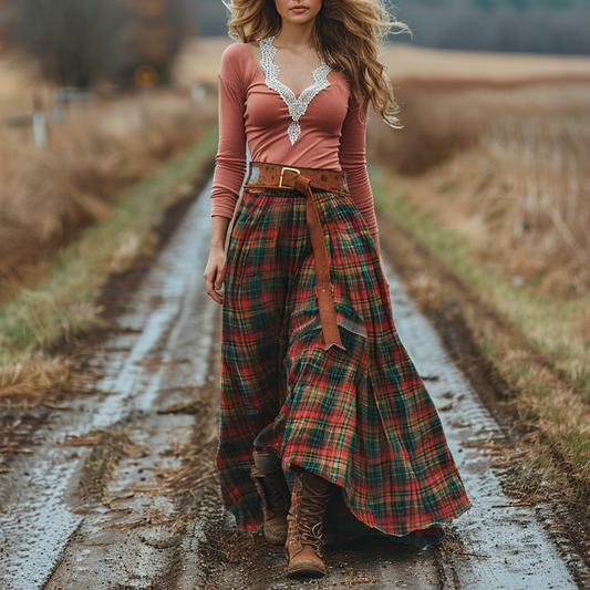 Women's Retro Plaid V-neck Long-sleeve Long Skirt Pastoral Style Maxi Long Dress