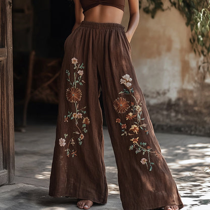 Women's Vintage Floral Embroidered Pattern Linen Blend Pants cdd0