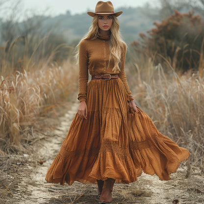 Women's Vintage Country Pastoral Linen Style Long-sleeve Maxi Long Dress