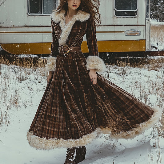Western Classic Autumn And Winter Velvet Warm Plush Retro Long Sleeve Temperament Dress