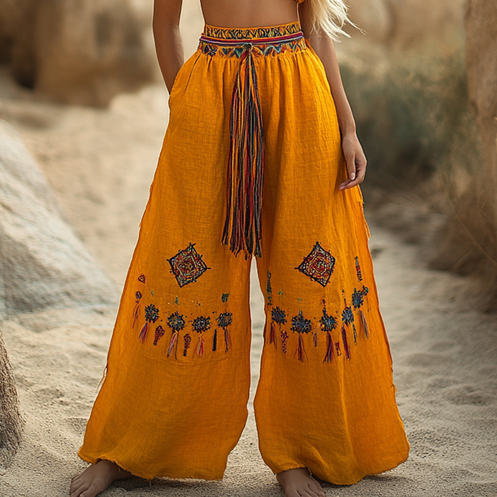 Women's Casual Bohemia Vacation Linen Style Long Loose Wide-leg Trouser Pants