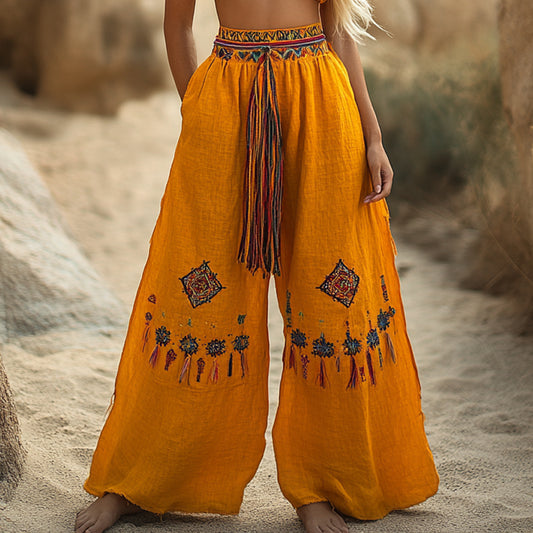 Women's Casual Bohemia Vacation Linen Style Long Loose Wide-leg Trouser Pants
